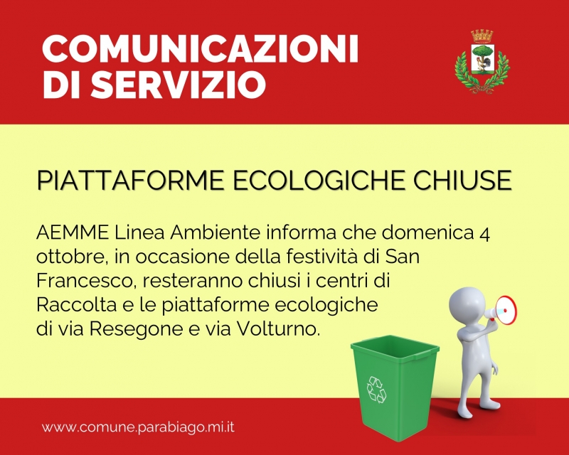 Domenica 4 ottobre 2026 piattaforme ecologiche chiuse